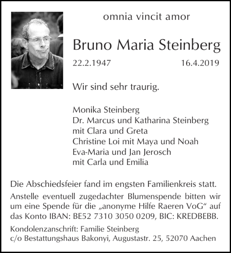  Traueranzeige für Bruno Maria Steinberg vom 27.04.2019 aus Aachener Zeitung / Aachener Nachrichten