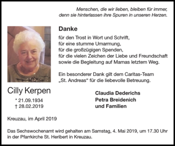 Traueranzeige von Cilly Kerpen von Super Sonntag / Super Mittwoch
