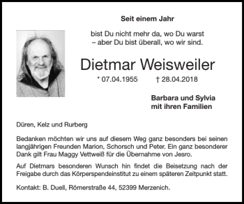Traueranzeige von Dietmar Weisweiler von Super Sonntag / Super Mittwoch