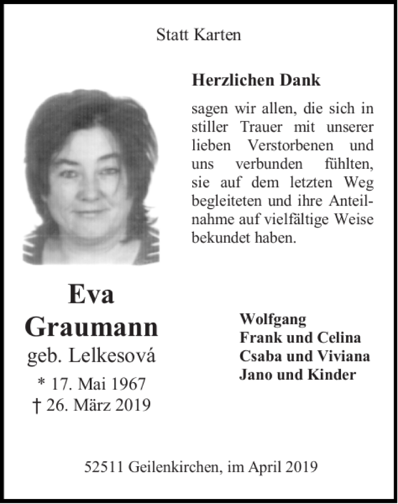  Traueranzeige für Eva Graumann vom 14.04.2019 aus Super Sonntag / Super Mittwoch