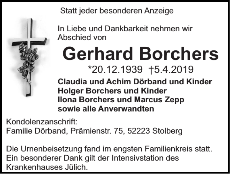  Traueranzeige für Gerhard Borchers vom 21.04.2019 aus Super Sonntag / Super Mittwoch