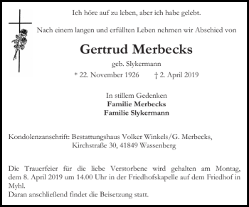 Traueranzeige von Gertrud Merbecks von Super Sonntag / Super Mittwoch
