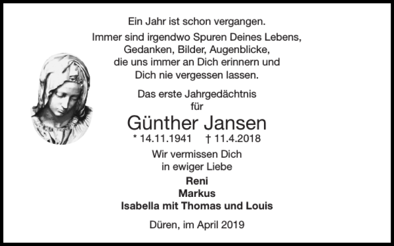 Traueranzeigen von Günther Jansen Aachen gedenkt