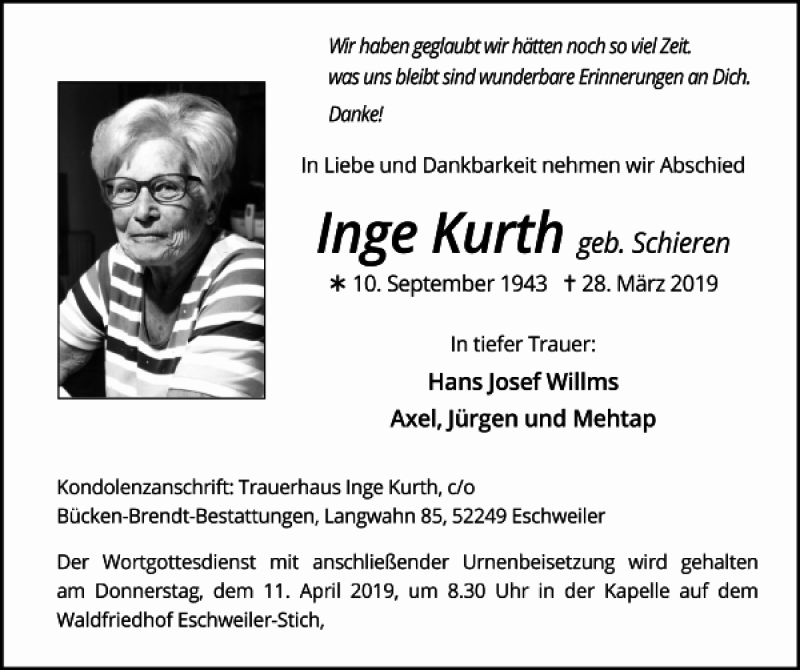  Traueranzeige für Inge Kurth vom 07.04.2019 aus Super Sonntag / Super Mittwoch