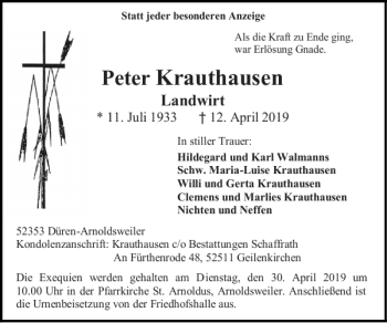 Traueranzeige von Krauthausen  von Super Sonntag / Super Mittwoch