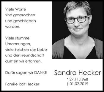 Traueranzeige von Sandra Hecker von Super Sonntag / Super Mittwoch