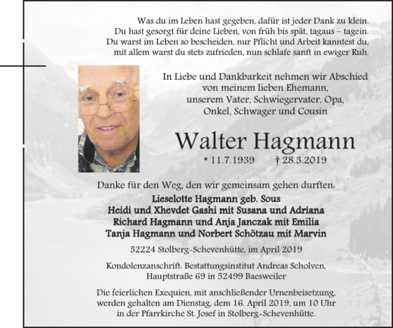  Traueranzeige für Walter Hagmann vom 14.04.2019 aus Super Sonntag / Super Mittwoch