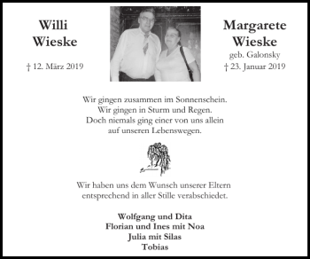 Traueranzeige von Willi Wieske Margarete Wieske von Super Sonntag / Super Mittwoch
