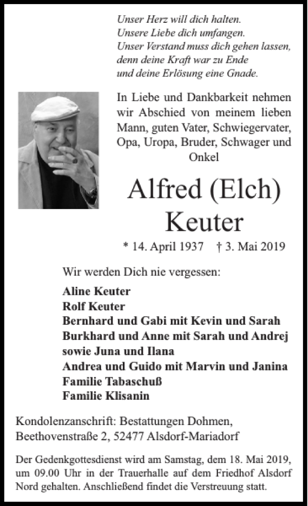  Traueranzeige für Alfred Elch Keuter vom 12.05.2019 aus Super Sonntag / Super Mittwoch