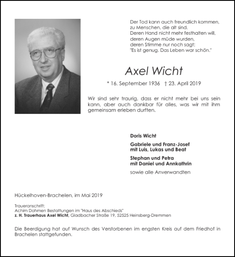 Traueranzeigen von Axel Wicht Aachen gedenkt