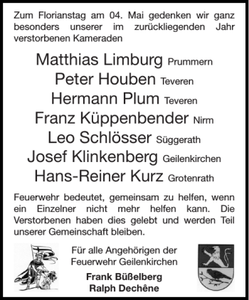 Traueranzeige von Feuerwehr Geilenkirchen von Aachener Zeitung / Aachener Nachrichten
