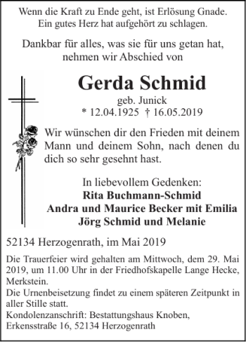 Traueranzeige von Gerda Schmid von Super Sonntag / Super Mittwoch