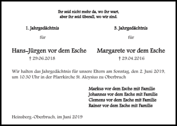 Traueranzeige von Hans-Jürgen vor Esche Margarete vor Esche  von Super Sonntag / Super Mittwoch