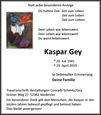 Traueranzeige von Kaspar Gey von Super Sonntag / Super Mittwoch