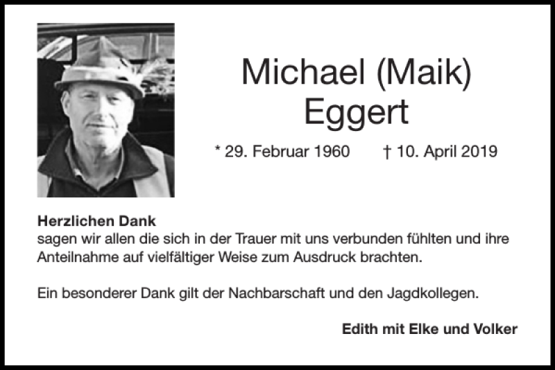  Traueranzeige für Michael Maik Eggert vom 05.05.2019 aus Super Sonntag / Super Mittwoch