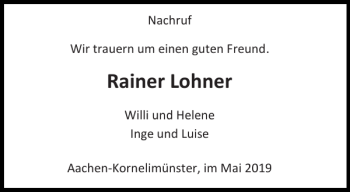 Traueranzeige von Rainer Lohner von Aachener Zeitung / Aachener Nachrichten