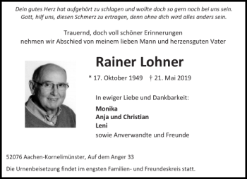 Traueranzeige von Rainer Lohner von Aachener Zeitung / Aachener Nachrichten