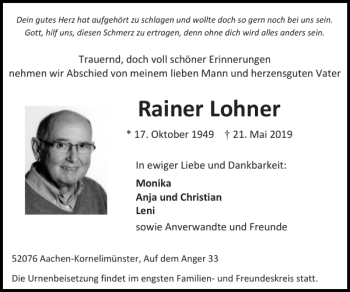 Traueranzeige von Rainer Lohner von Super Sonntag / Super Mittwoch