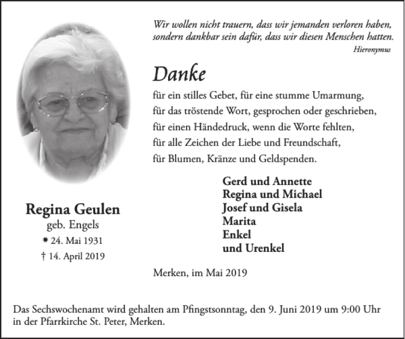  Traueranzeige für Regina Geulen vom 26.05.2019 aus Super Sonntag / Super Mittwoch