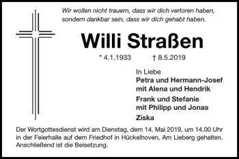 Traueranzeige von Willi Straßen von Super Sonntag / Super Mittwoch