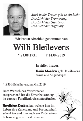 Traueranzeige von Willi Bleilevens Willi Bleilevens von Super Sonntag / Super Mittwoch