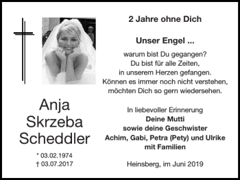 Traueranzeige von Anja Skrzeba Scheddler von Super Sonntag / Super Mittwoch