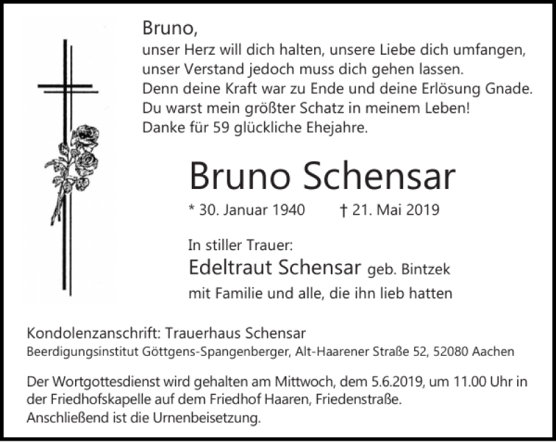  Traueranzeige für Bruno Schensar vom 02.06.2019 aus Super Sonntag / Super Mittwoch