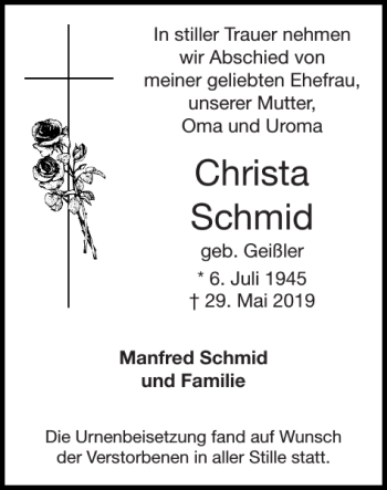 Traueranzeige von Christa Schmid von Super Sonntag / Super Mittwoch