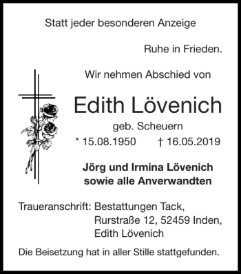 Traueranzeige von Edith Lövenich von Super Sonntag / Super Mittwoch