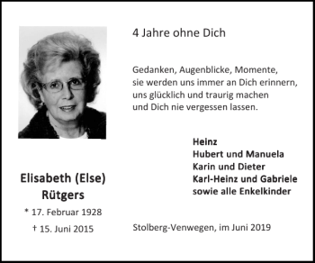 Traueranzeige von Elisabeth Else Elisabeth Else Rütgers Rütgers  von Super Sonntag / Super Mittwoch
