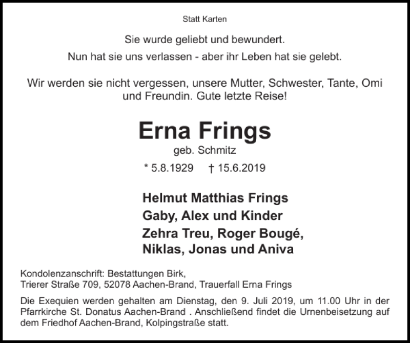  Traueranzeige für Erna Frings vom 30.06.2019 aus Super Sonntag / Super Mittwoch