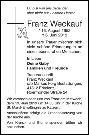 Traueranzeige von Franz Weckauf von Super Sonntag / Super Mittwoch