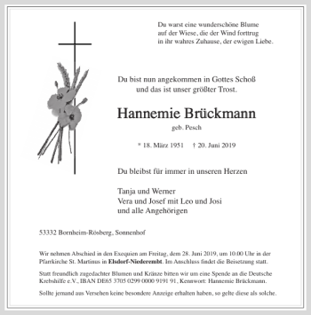 Traueranzeige von Hannemie Brückmann von Aachener Zeitung / Aachener Nachrichten