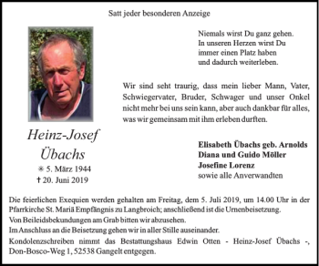 Traueranzeige von Heinz-Josef Übachs von Super Sonntag / Super Mittwoch