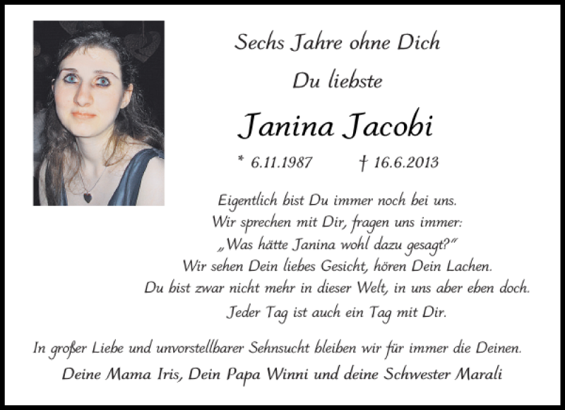  Traueranzeige für Janina Michiko Jacobi vom 15.06.2019 aus Aachener Zeitung / Aachener Nachrichten