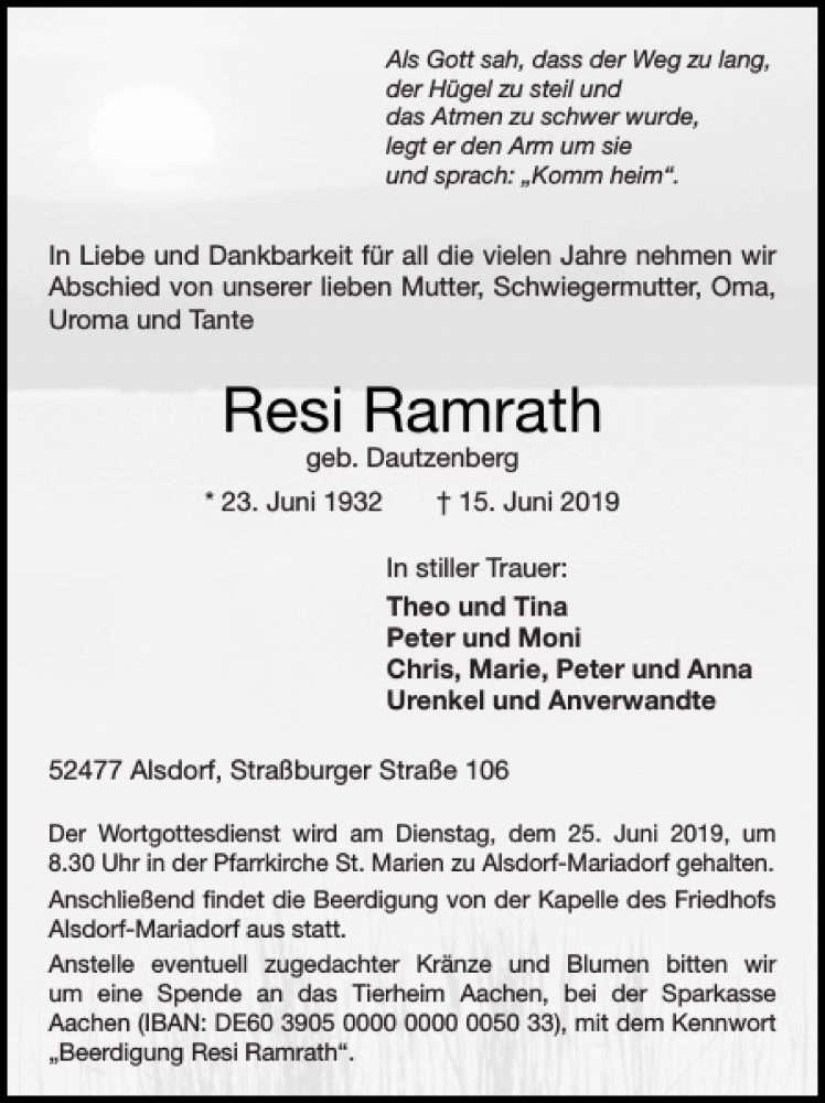  Traueranzeige für Resi Ramrath vom 23.06.2019 aus Super Sonntag / Super Mittwoch