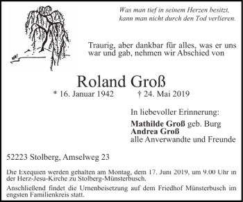Traueranzeige von Roland Gro von Super Sonntag / Super Mittwoch