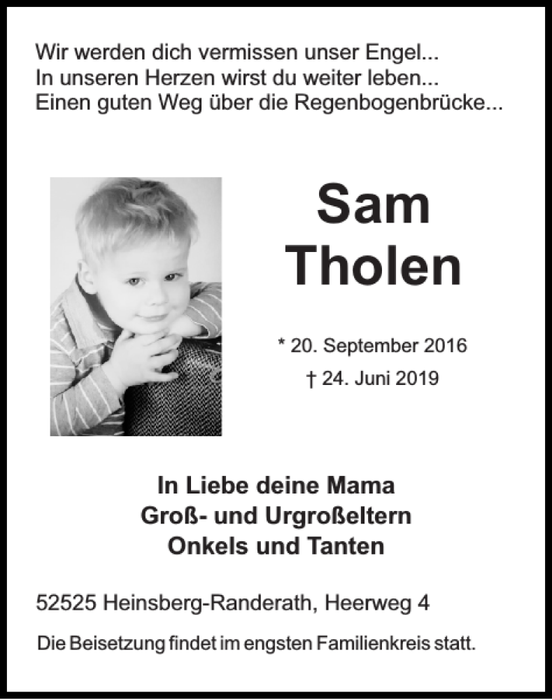  Traueranzeige für Sam Tholen vom 30.06.2019 aus Super Sonntag / Super Mittwoch