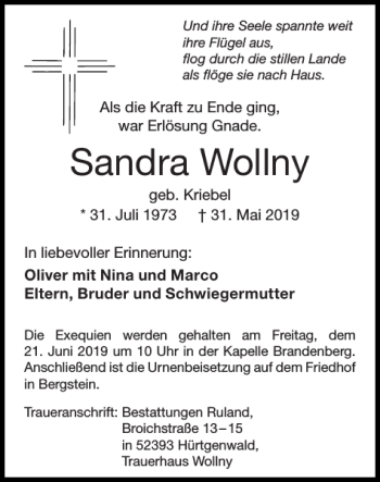 Traueranzeige von Sandra Wollny von Super Sonntag / Super Mittwoch
