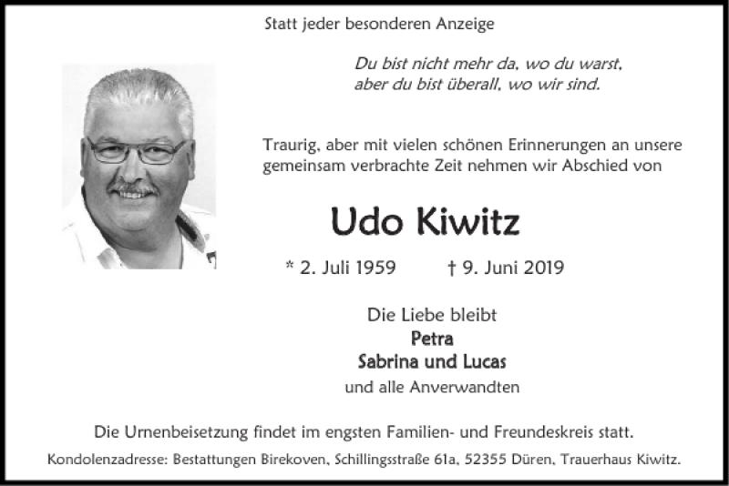  Traueranzeige für Udo Kiwitz vom 23.06.2019 aus Super Sonntag / Super Mittwoch