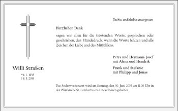 Traueranzeige von Willi Straßen von Super Sonntag / Super Mittwoch