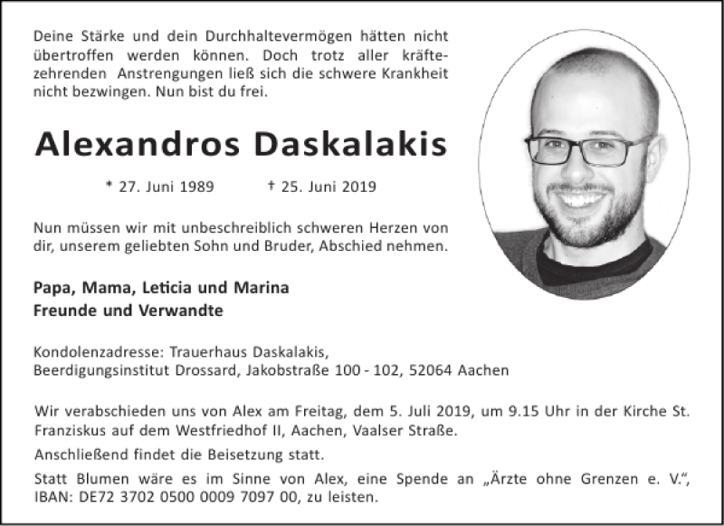  Traueranzeige für Alexandros Daskalakis vom 03.07.2019 aus Aachener Zeitung / Aachener Nachrichten