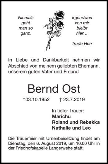 Traueranzeige von Bernd Ost von Super Sonntag / Super Mittwoch