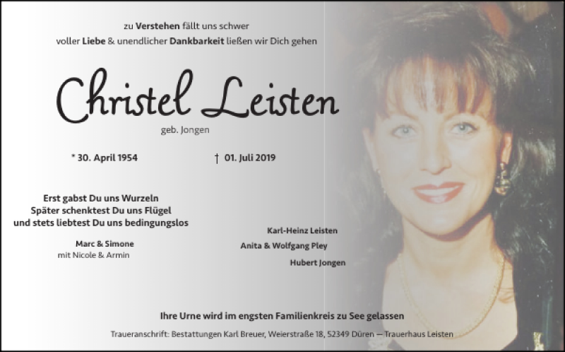  Traueranzeige für Christel Leisten vom 07.07.2019 aus Super Sonntag / Super Mittwoch