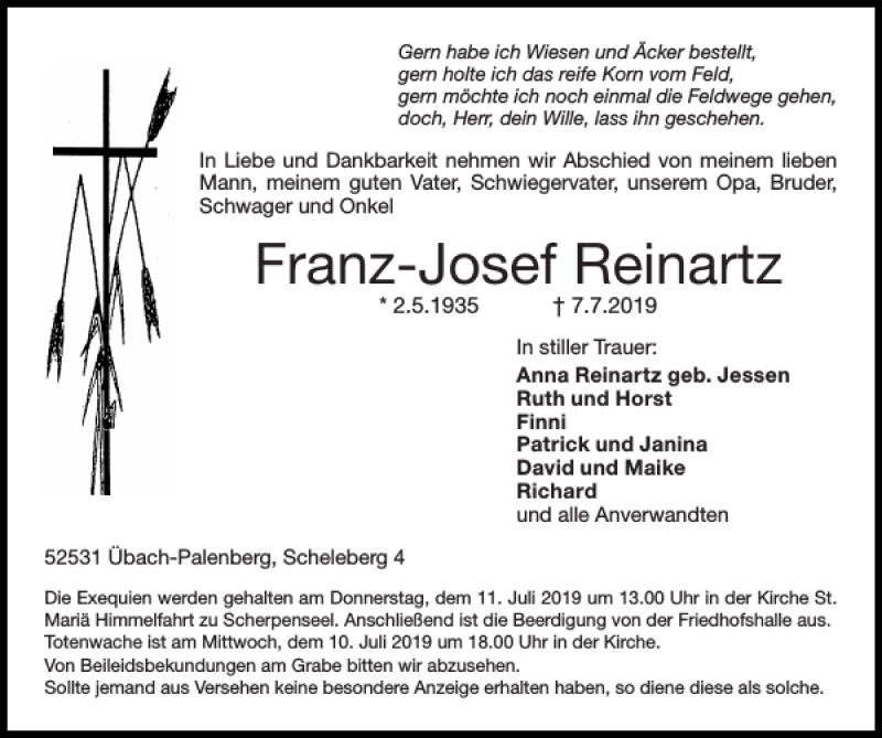  Traueranzeige für Franz-Josef Reinartz vom 10.07.2019 aus Super Sonntag / Super Mittwoch