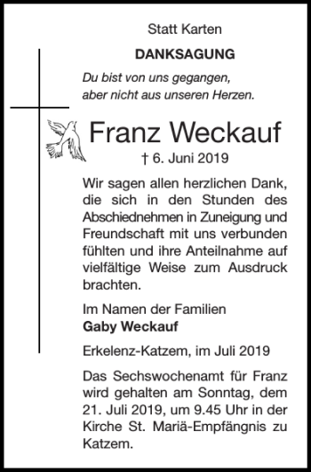 Traueranzeige von Franz Weckauf von Super Sonntag / Super Mittwoch