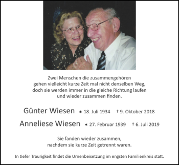 Traueranzeige von Günter Wiesen Anneliese Wiesen von Super Sonntag / Super Mittwoch