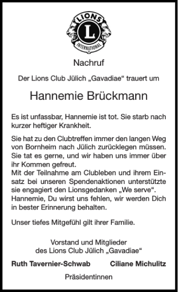 Traueranzeige von Hannemie Brückmann von Super Sonntag / Super Mittwoch