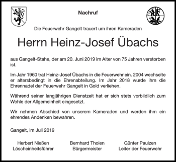 Traueranzeige von Heinz-Josef Übachs von Super Sonntag / Super Mittwoch