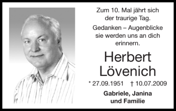 Traueranzeige von Herbert Lövenich von Super Sonntag / Super Mittwoch